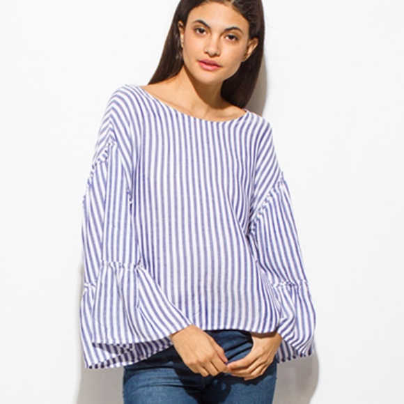 Fab50Fashions Tops - Navy Striped Bell Sleeve Boho Top